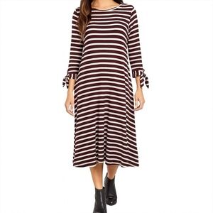 Les Amis Jersey‎ Knit Dress L Burgundy White Stripe Tie Sleeve Midi Preppy Boho
